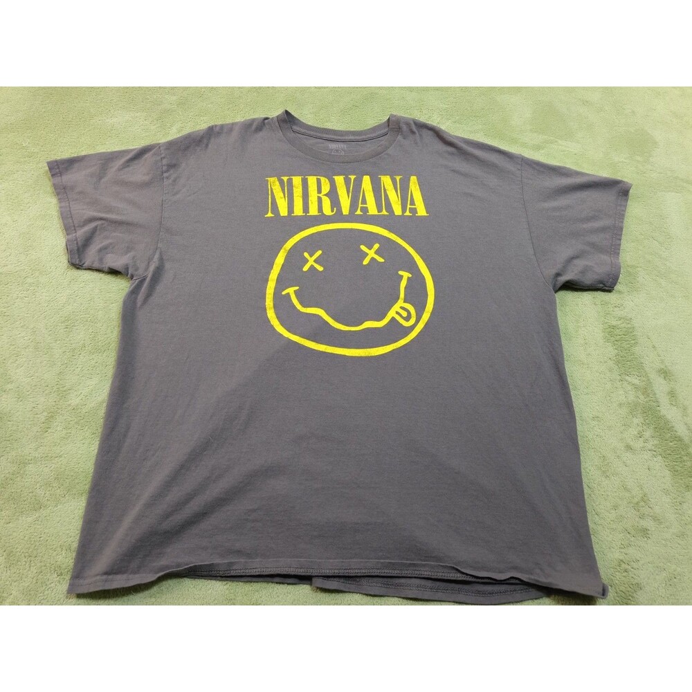 Nirvana Tee Sz 2XL Gray Yellow Smiley Face Logo Cotton Music Band Shirt Mens
